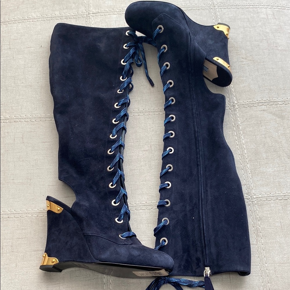 Navy Blue Knee-High Lace-Up Boots